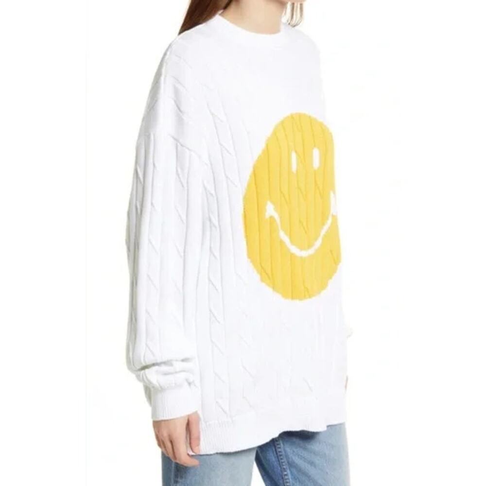 Joshua Sanders x Smiley Unisex Smile Chunky Cable Knit Sweater Crew Neck, White - Picture 13 of 14